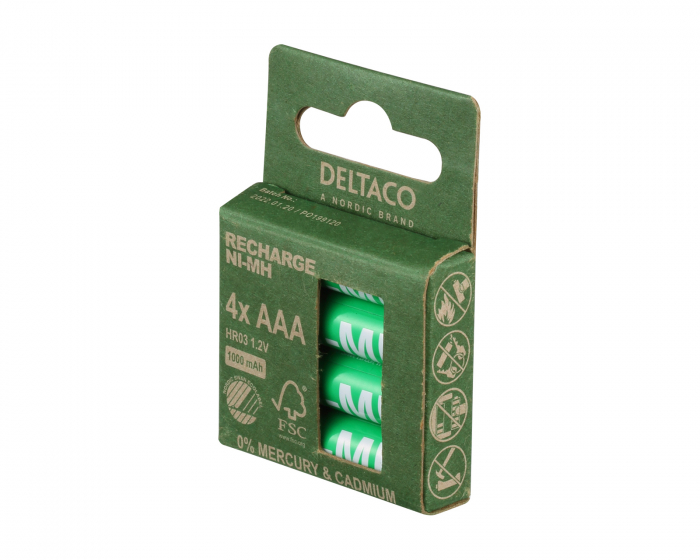 Deltaco Genopladelig AAA-batterier, 1000mAh, 4-pack