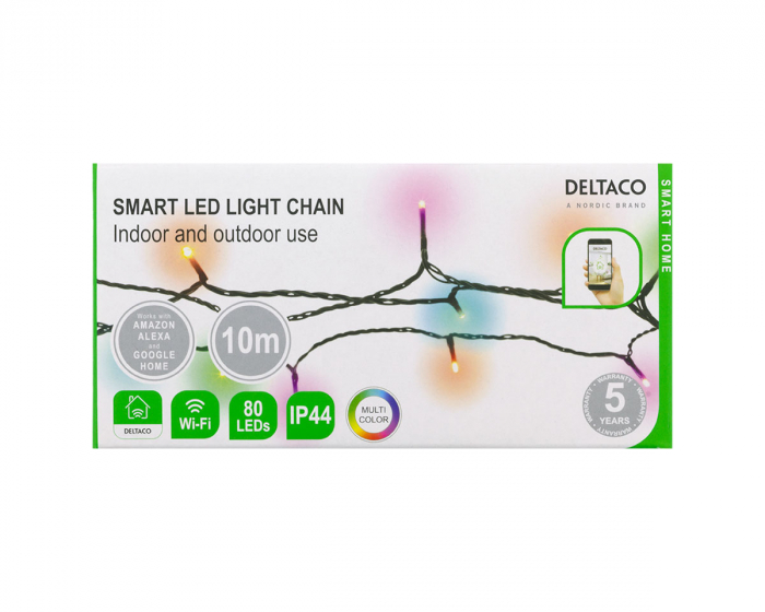 Deltaco Smart Home Wi-Fi lyskæde, indendørs/udendørs - 10m, 80 RGB LEDs