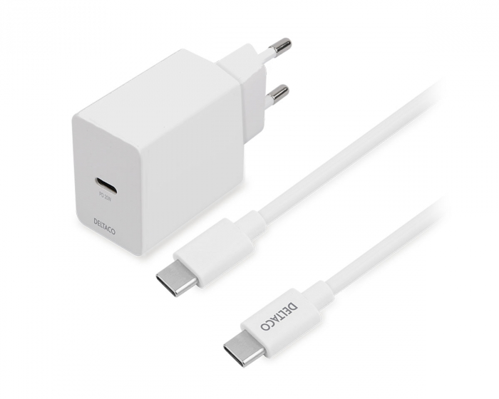 Deltaco USB-C PD Wall Charger 20 W incl USB-C Cable - Hvid Vægoplader