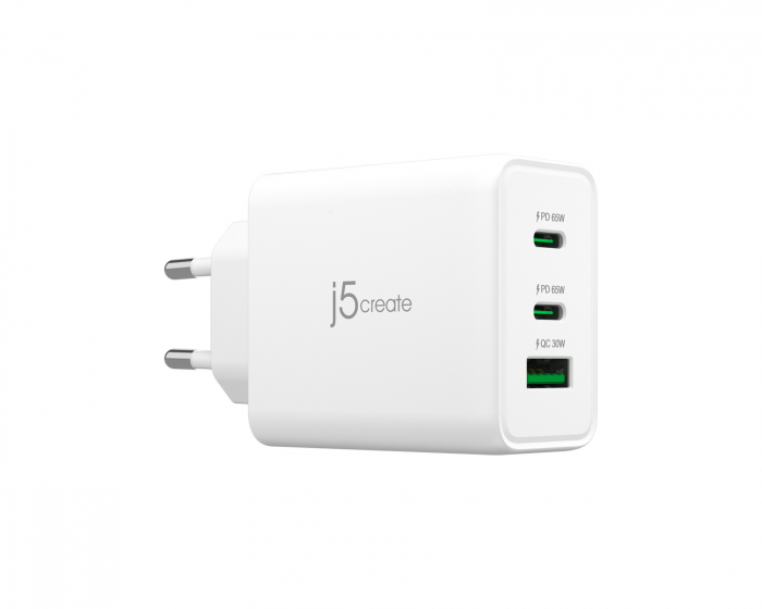 j5create Wall Charger GaN, 65 W, 2x USB-C, 1x USB-A, 3-Port Charger - Vægoplader