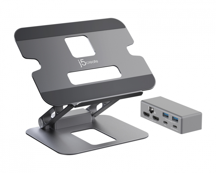 j5create Justerbart Laptopstativ i Aluminium med Dual HDMI 4K USB-C Mini Dockingstation