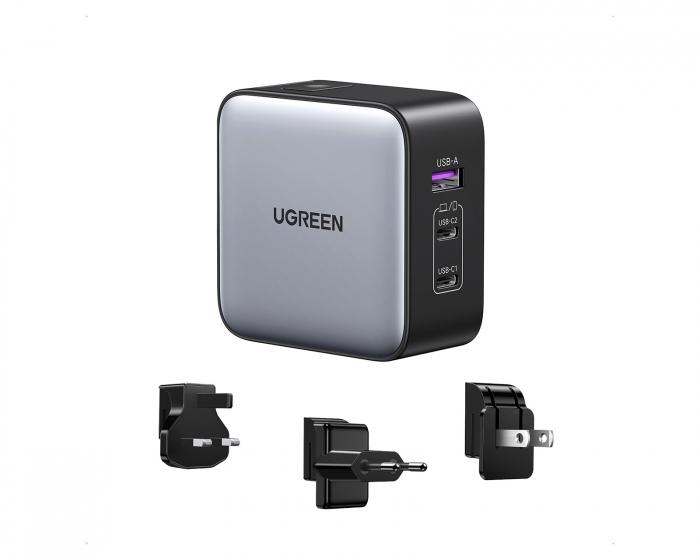 UGREEN Nexode 65W 3-Port GaN Vægoplader med Rejseadapter (US/UK/EU)