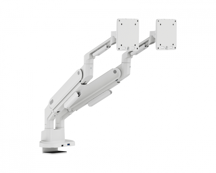 MaxMount Skærmstativ med gasfjeder og USB‑A- og USB‑C‑porte – 2 skærme – Hvid