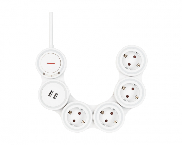 Deltaco Smart Home Fleksibel strømstrip med 4 stikkontakter, 1,4m, 16A 3500W, 2x USB-A