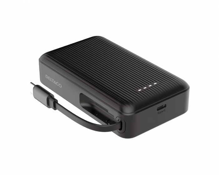 Deltaco 10.000 mAh Powerbank, Udtrækkeligt kabel 90 cm - Sort