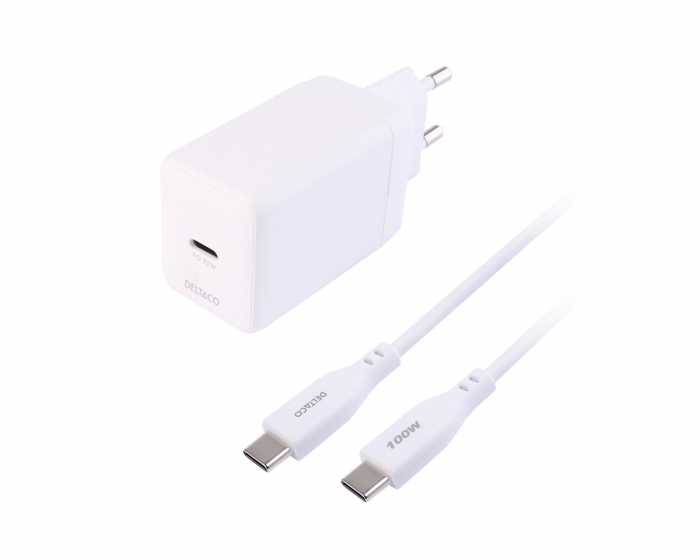 Deltaco USB-C GaN vægoplader 70 W - 1,8 m - Hvid