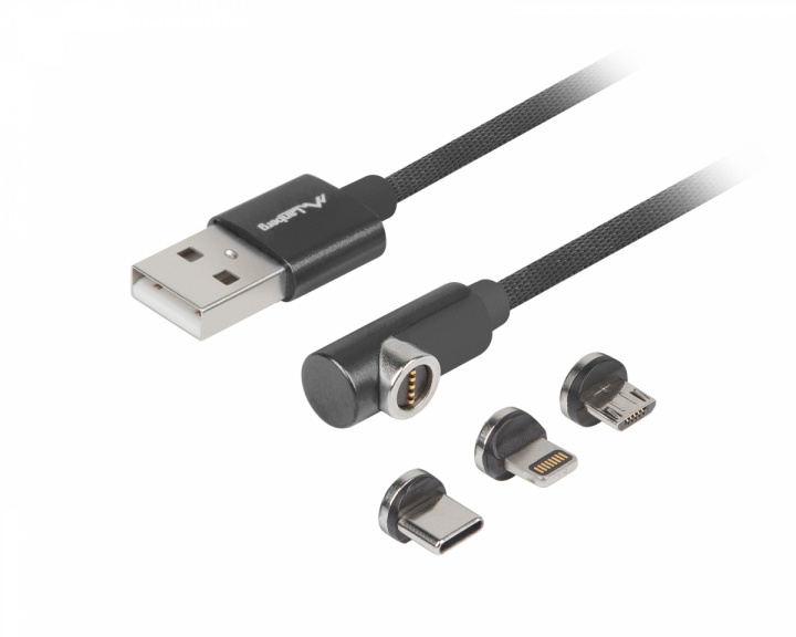 Lanberg 3in1 Premium Magnetisk Vinklet Kabel QC 3.0 - Sort