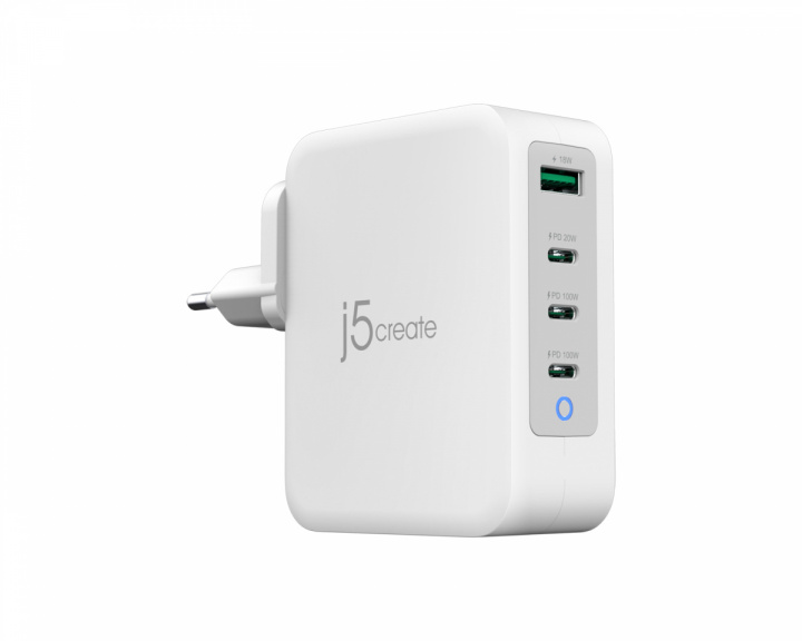 j5create Wall Charger GaN, 130 W, 3x USB-C, 1x USB-A, 4-Port Charger - Vægoplader