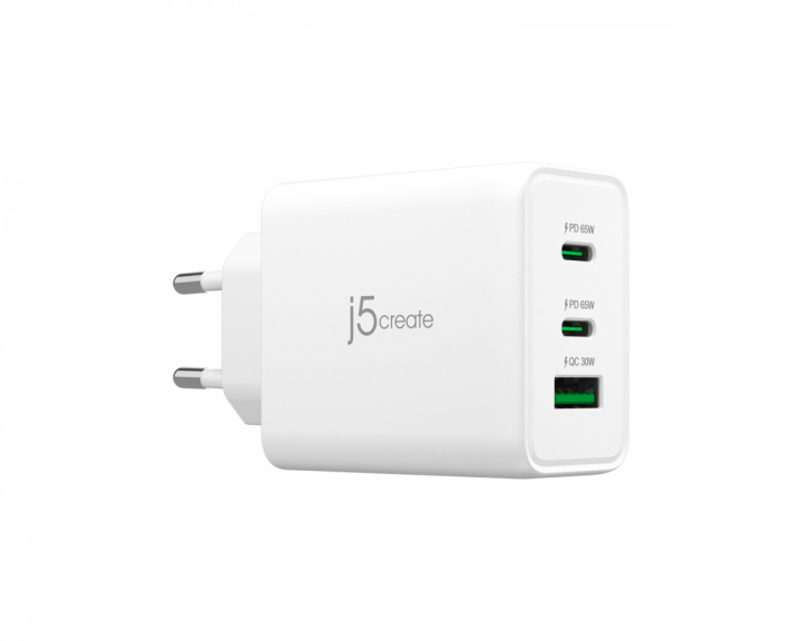 j5create Wall Charger GaN, 65 W, 2x USB-C, 1x USB-A, 3-Port Charger - Vægoplader